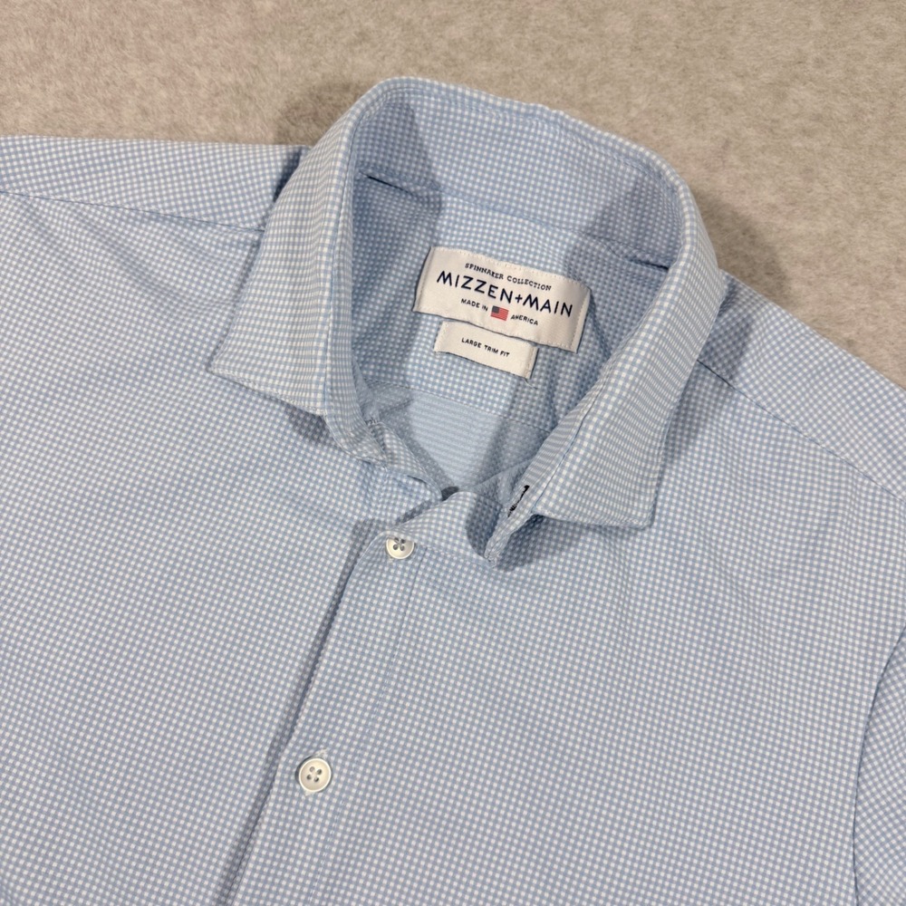 Mizzen+Main Dress Shirt Mens Large Blue Gingham Trim Fit Spinnaker